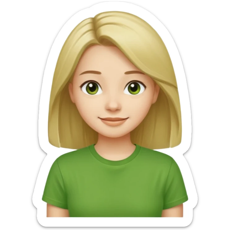 Young girl with straight, well-groomed, beautiful hair, wearing a green T-shirt, looking happy and cheerful. sticker