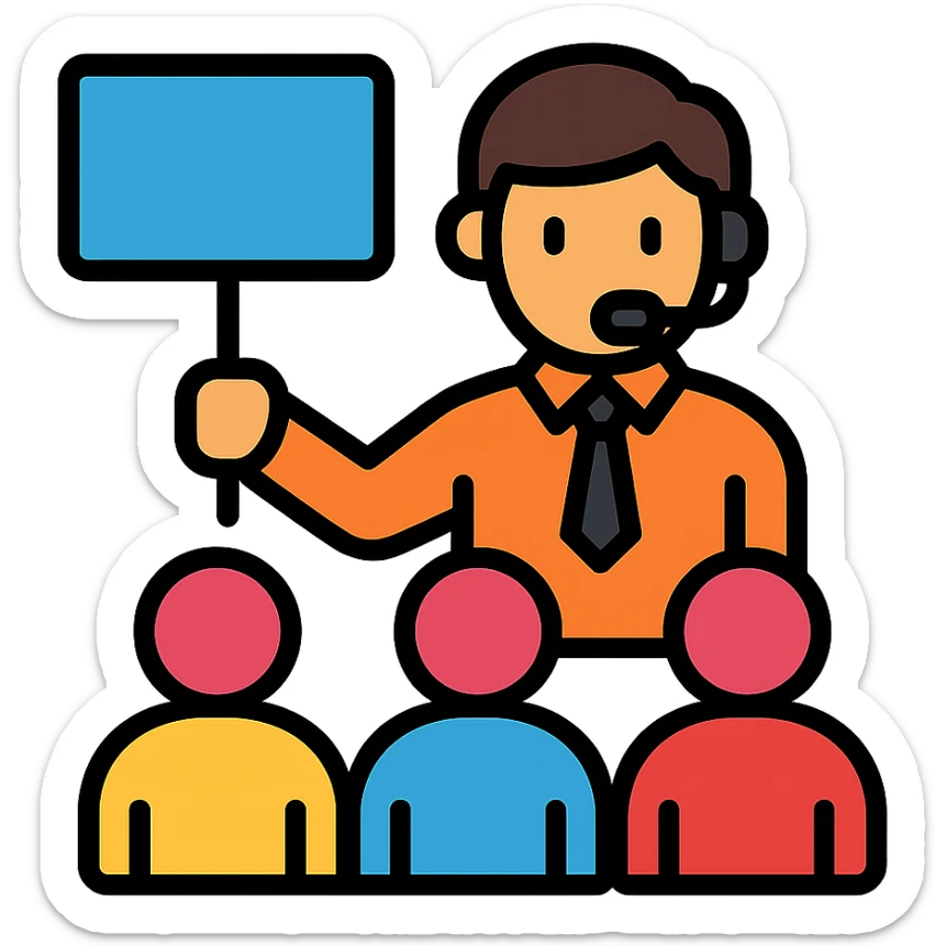 color outline icon of a travel guide with a microphone guiding a group of travelers sticker