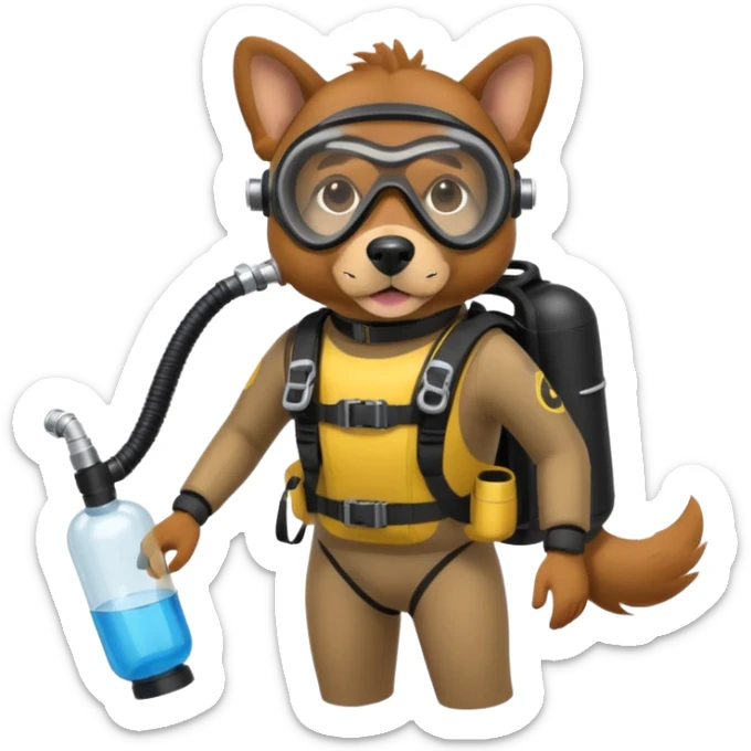 dog wearing scuba gear dive into the sea with diver mask and oxygen tank sticker