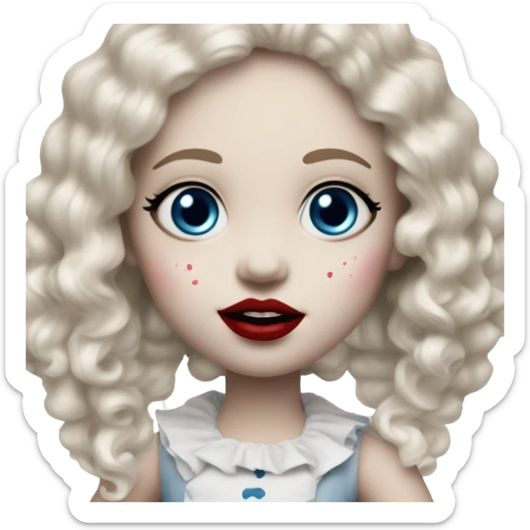 A old creepy porcelain doll with a cracked face￼ blue eye shadow and pink blush and red lipstick sticker