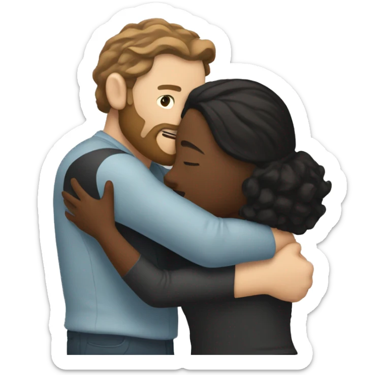White man with beard and long brown hair hugging a brown woman with black hair  sticker