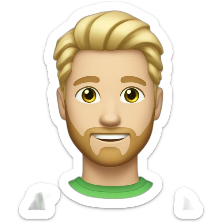 The young man is blond with slicked back hair and beard, green eyes, dressed in natural colors, light skin tone sticker