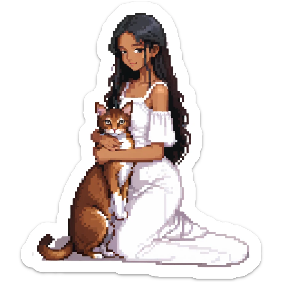 beautiful girl with long black hair in a white dress cuddling an Abyssinian cat with reddish-brown fur sticker