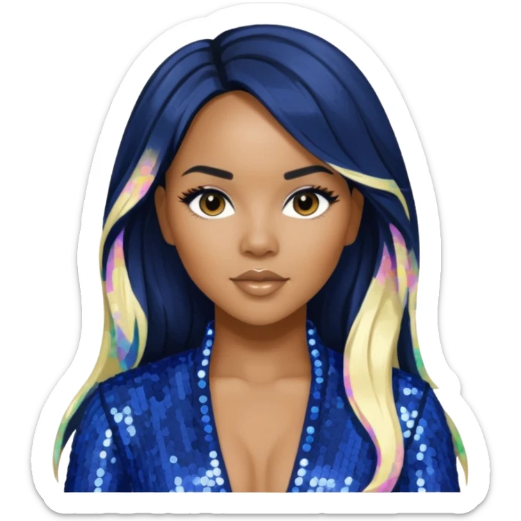 LeToya Luckett with long black hair blonde hair, indigo sequin outfit sticker