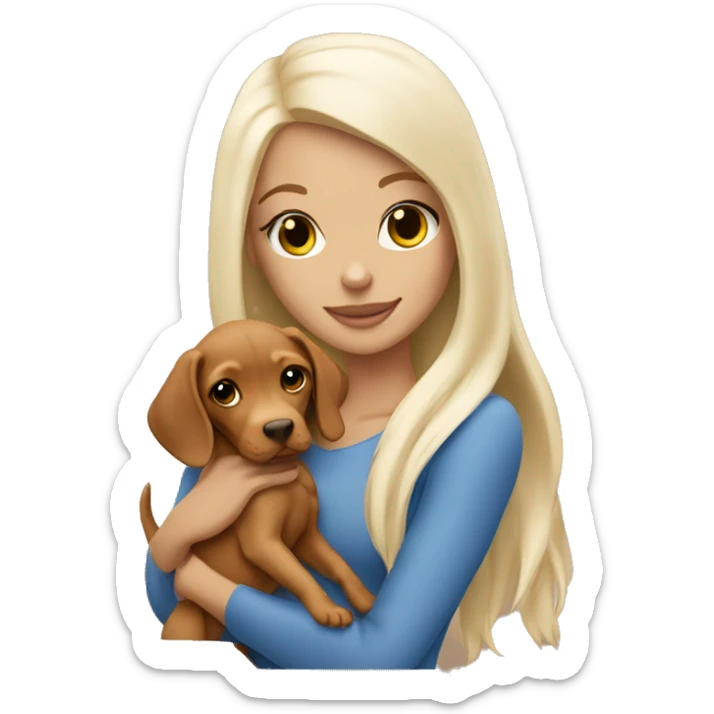 Pretty tan girl with long white blonde hair with vizsla puppy sticker