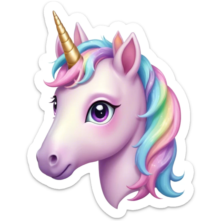 Cinematic Cute Unicorn Pony Portrait Emoji, Head tilted playfully and inquisitively, featuring a charming, diminutive form with a gentle pastel color, a delicate, sparkling horn and large, dreamy eyes full of wonder, Simplified yet irresistibly adorable features, highly detailed, glowing with a warm, magical glow, high shine, affectionate and lively, stylized with a touch of whimsical charm, soft glowing outline, capturing the essence of a mischievous yet endearing unicorn pony that seems as if it could prance out of the screen into your arms! sticker