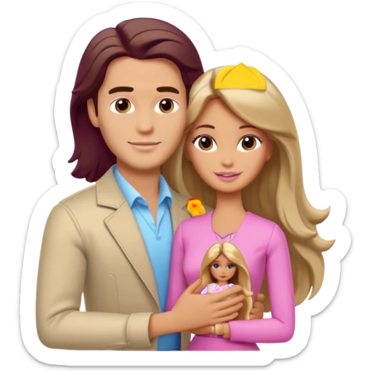 A white handsome man with brown hair in pale beige clothes supports and hugs a Barbie woman with long hair in pale beige clothes sticker
