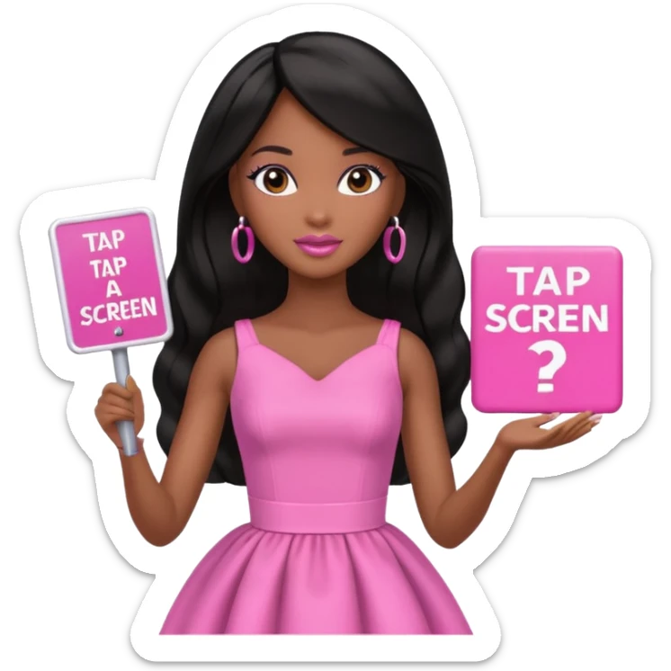 Black barbie, long black  hair, pink dress holding sign, that says "tap screen" sticker