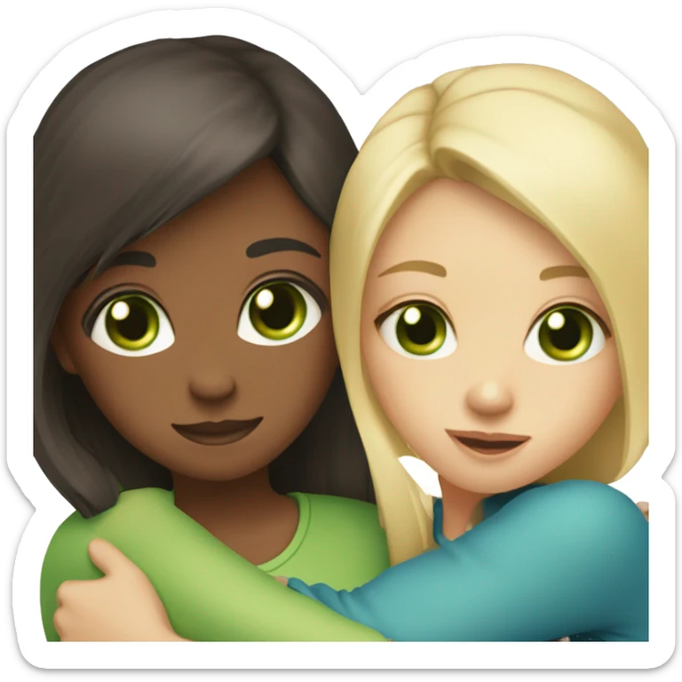 Two girls with dark brown hair and green eyes, and one girl with blonde and blue eyes, they hug  sticker