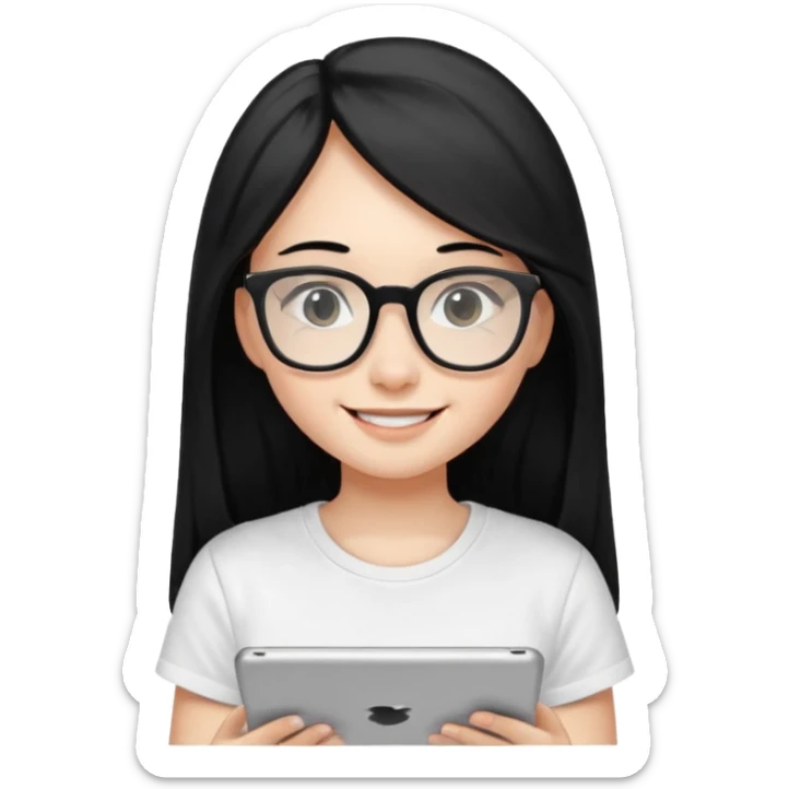 Long black hair girl in a white T-shirt and black square glasses smiling studying with an Ipad. sticker