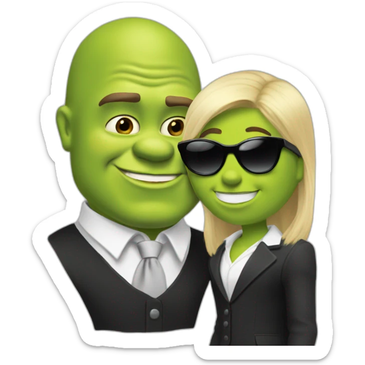 shrek kissing with white-guy-wearing-suit-with-blonde-hair-and-black-sunglasses-standing-with-black-shoes sticker