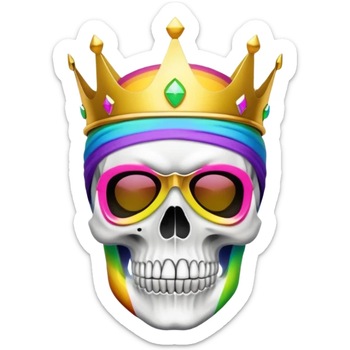 colorful skull with rainbow colors wearing a golden crown and neon ski mask sticker