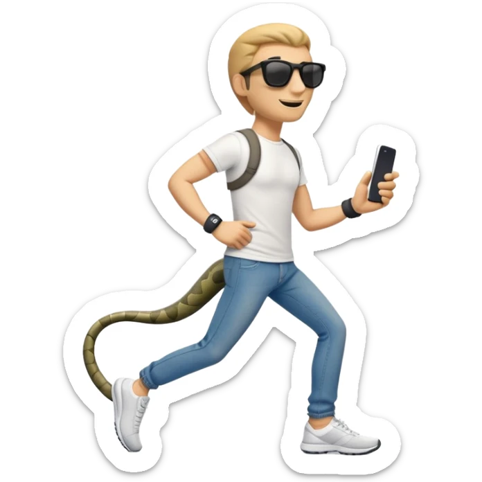 friendly anthropomorphised snake in jeans and a t-shirt, wearing dark sunglasses, jogging upright in standard pose sticker