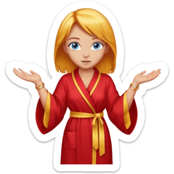 lightly tanned skin, blue eyes, cute and sexy girl with bright yellow-brown hair in a few shades of red robe, golden rings, slight cute makeup, full body, slightly turned aside pose, hands hidden behind back sticker