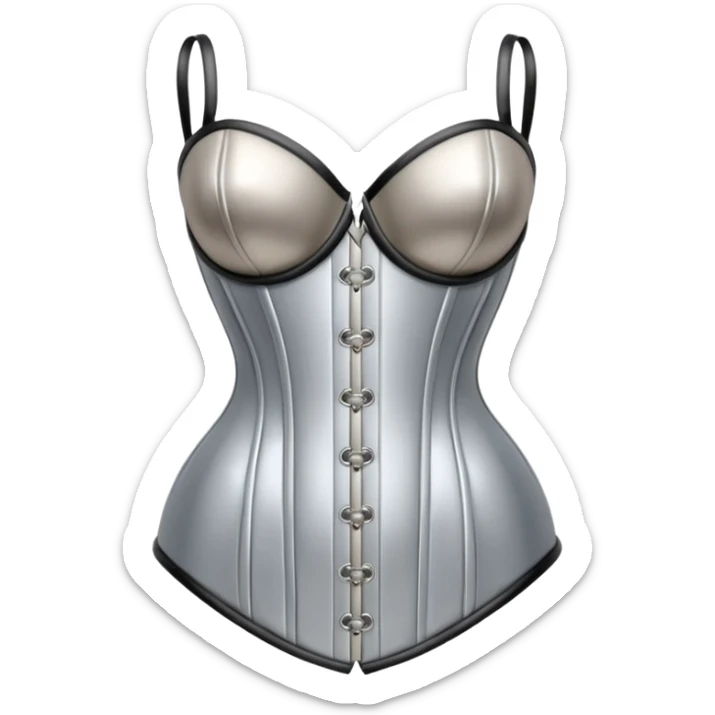 A luxury corset emoji made of silver chrome, smooth metallic curves, minimal fashion silhouette, glossy reflections, sensual high-end aesthetic, iOS emoji style, centered, clean white background sticker