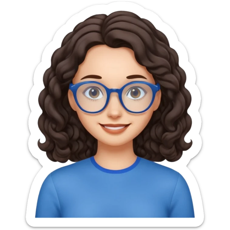 woman with large forehead, long dark brown tightly curled hair, blue glasses, smiling with head tilted sticker