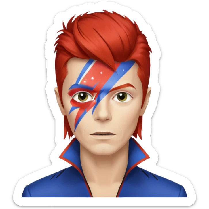 A male rockstar wearing Ebay brand colours and David Bowie face paint sticker
