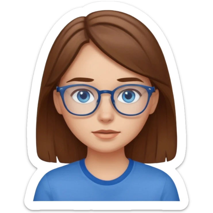 a brown haired girl with blue eyes and glasses with blue shirt that says crush sticker