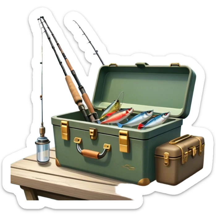 Icon for Fishing: a boat on the shore of a peaceful water body with a beautiful natural landscape, a fishing tackle box, a spinning rod. The icon should capture the tranquility and gear of a fishing adventure. Without frame. Transparent background. sticker