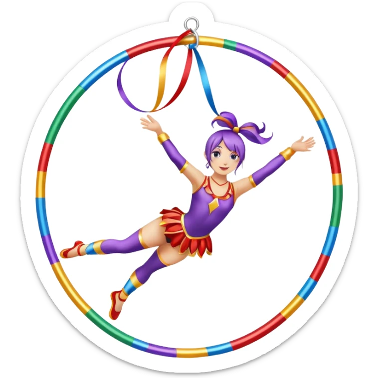A metallic acrobat hoop decorated with ribbons, perfect for the woman to do aerial stunts inside the circus tent. sticker