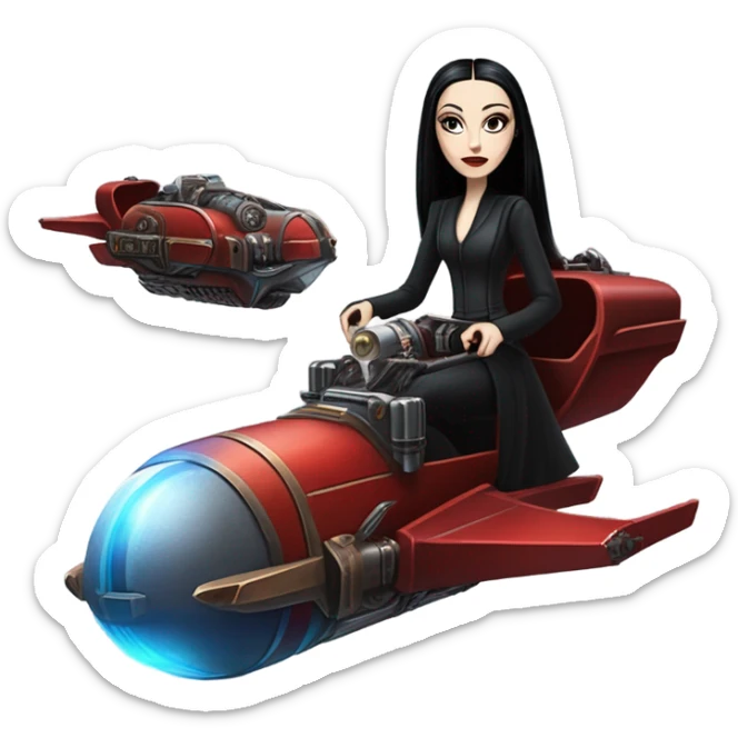 Jedi teen Morticia Addams flying a red and blue Jumpspeeder anti-gravity repulsorlift powered by an imperial speeder steampunk  sticker