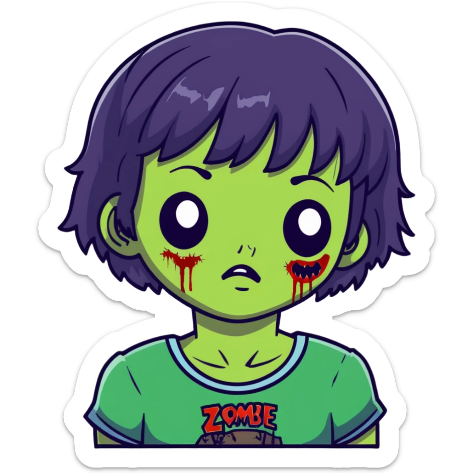 zombie girl with short wavy hair and black bangs, greenish skin sticker