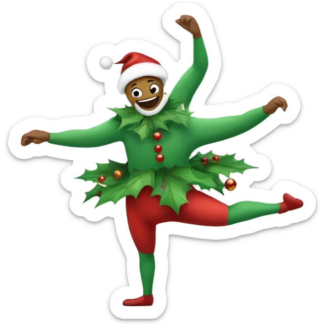 A cartoon Christmas wreath with long arms and legs is smiling as it dances ballet in the snow sticker