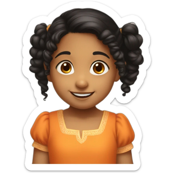 smiling and pointing 3 years old indian girl with black curly hair in pigtails wearing a orange dress sticker