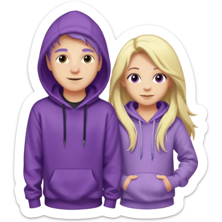 full-length happy couple, girl with long purple hair and gray eyes in lilac hoodie, boy with blonde hair in black hoodie sticker