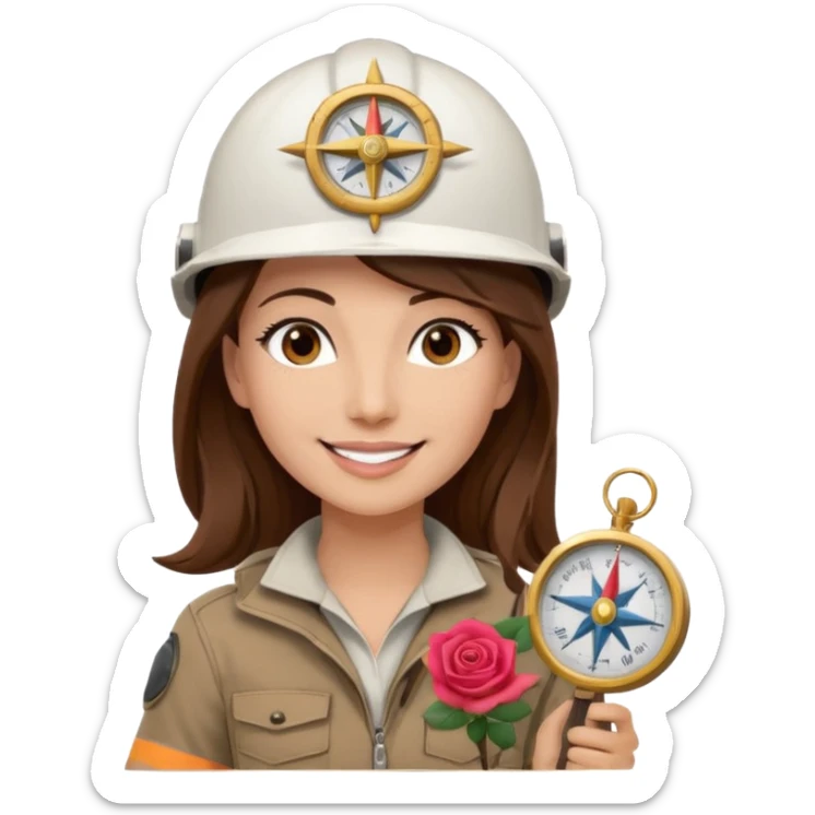 Arquitecta ojos marrones oscuros pestañas pelo marron por los hombros sonrie casco blanco compás y rosa sticker