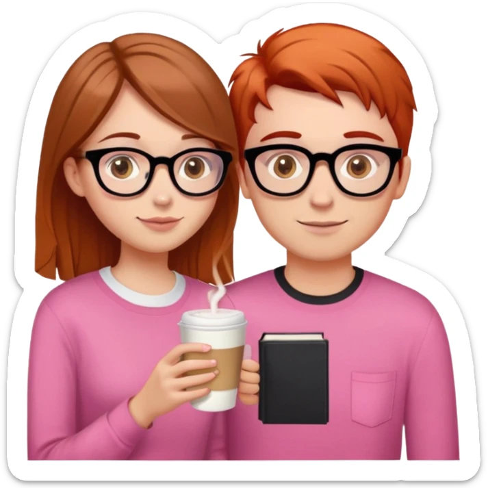 girl with brown hair and hazel eyes drinking latte, hair just below shoulder length and wearing a pink shirt. She is with her with her boyfriend who has orange/red hair, black glasses, and is taller than her. He needs a book in his hand  sticker