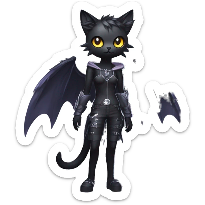 Shiny Cool Punk Black beautiful fantasy Kawaii Ethereal Sona Fakemon-cat-animal with edgy bat-wings-ears Full Body sticker
