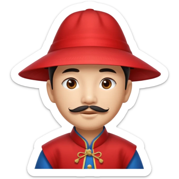 An Asian boy, with little straight mustache and a little beard wearing a traditional triangle Chinese hat sticker