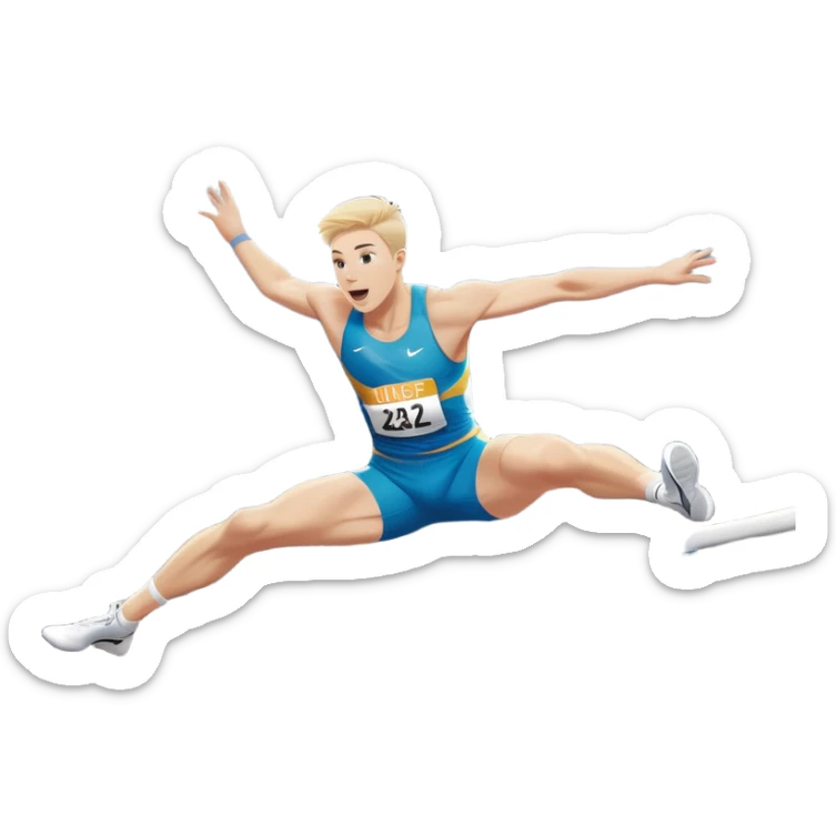 An icon of an white-skined athlete soaring over a hurdle, mid-jump, with a powerful form. The background features a vibrant stadium, with the track and hurdles in sharp focus, and a cheering crowd along the stands. The motion of the jump emphasizes speed and agility. Transparent background. sticker
