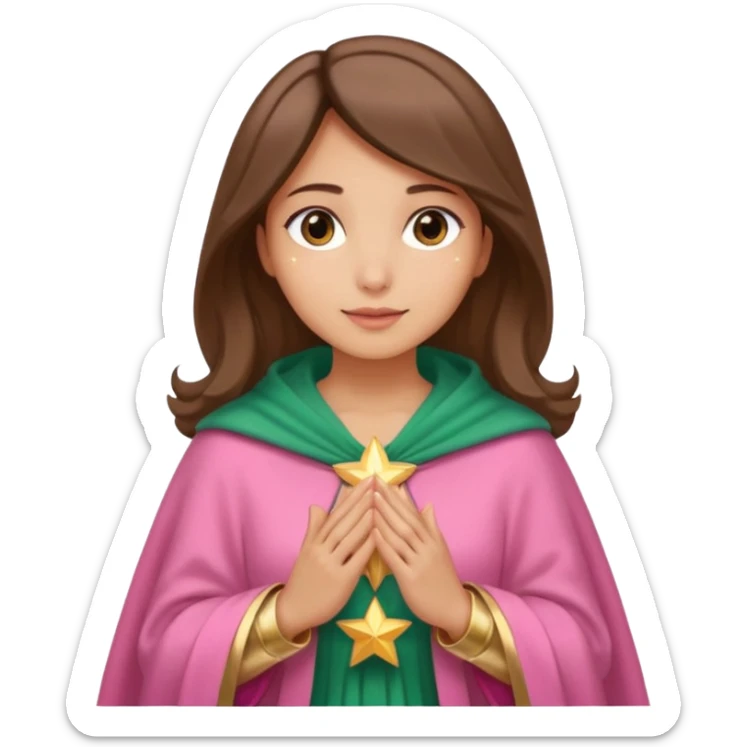 Mujer de piel morena, rostro sereno, manos juntas. Vestido rosa, manto azul verdoso con estrellas doradas. Resplandor dorado alrededor del cuerpo. sticker