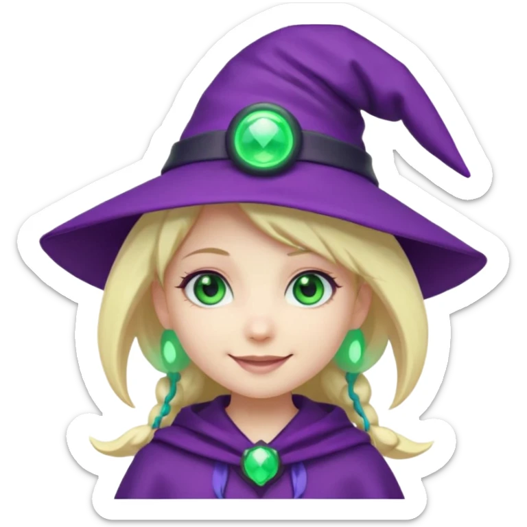 Make a blonde girl with green glowing headset on with teal eyes and a purple haired girl with green eyes waering a purple wit hes hat haveing fun , make them a chibi emoji page sticker