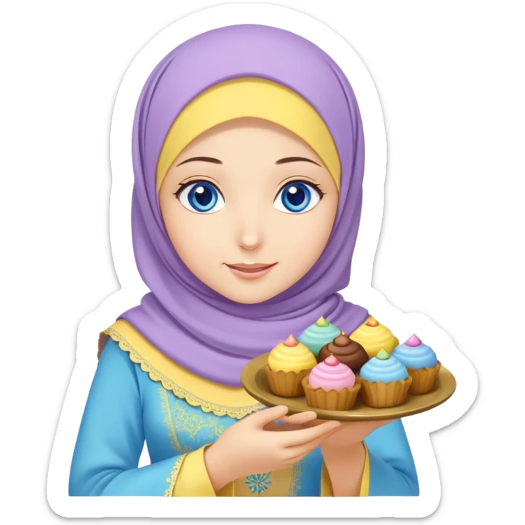 Turkish beautiful finish Konya girl blue eyes with lila yellow hijab islamic dress and had on her hand text Eid Mubarak with sweets and celebrating with her friends eid days   sticker