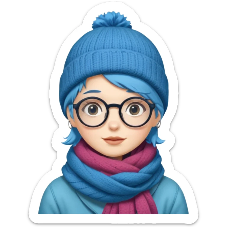 A shy blue straight hair woman with big round glasses and thick scarf and a beanie, blushing from the cold. sticker