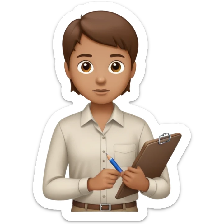 Intern or volunteer with brown hair holding a clipboard and pencil, ready to take notes or assist. The character wears a simple shirt and has an eager posture sticker