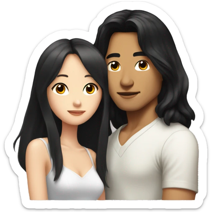 Asian man with long black hair kissing white girl with brunette shoulder length hair  sticker