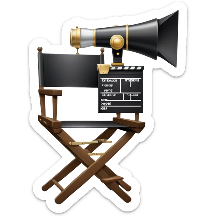 Icon for Directing: a director's chair, a film clapperboard, large movie camera, vintage megaphone and a stage with a spotlight. The icon should represent the creative and organizational aspects of directing, with focus on storytelling, staging, and performance. Transparent background. sticker
