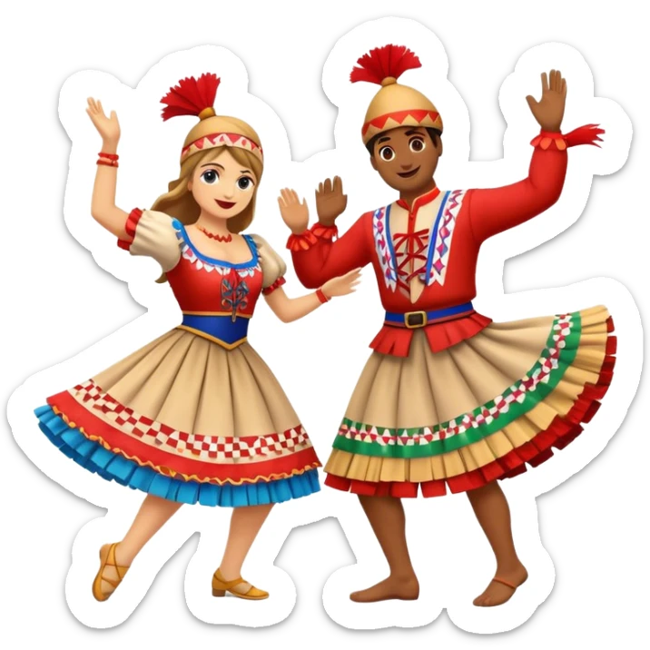 Cinematic Realistic Linđo Dance Emoji, depicted as a traditional Croatian folk dance with lively movements and colorful costumes, rendered with dynamic textures and vibrant festive lighting that captures its cultural vibrancy. sticker