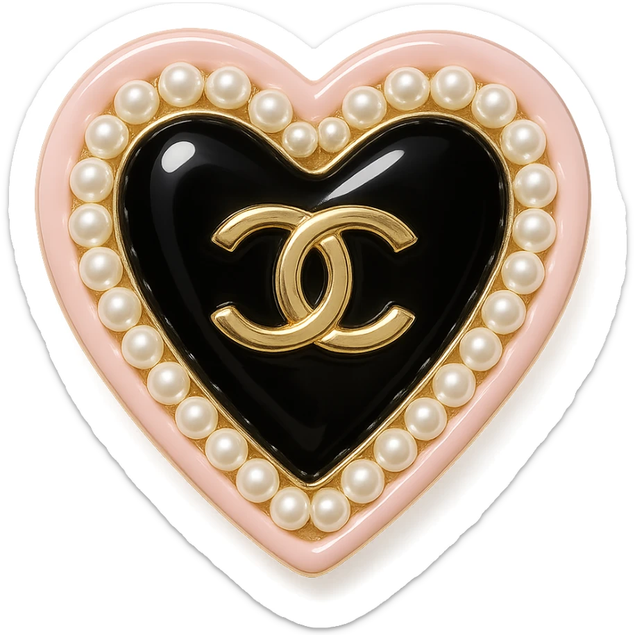  only the elegant heart with pearls and gold Chanel logo, glossy, pastel colors with no background. black pink,  sticker