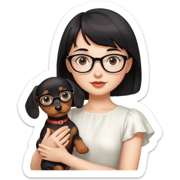 A girl with short black hair and bangs, wearing glasses and white dress, golding a dachshund puppy sticker