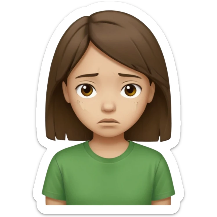 Young girl with straight, damaged, unkempt hair, wearing a green T-shirt, with a sad and discouraged expression on her face. sticker