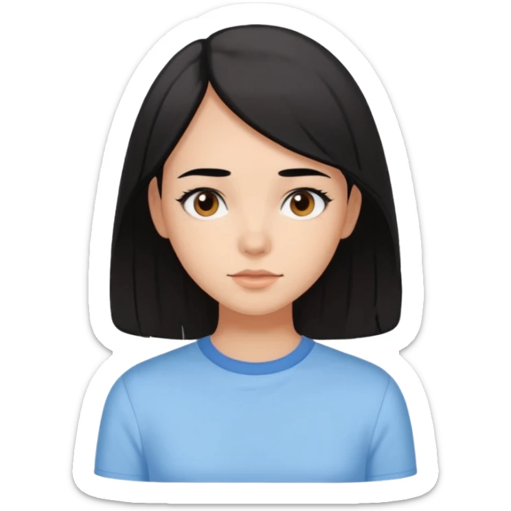 Emoji of a girl with black-brown long bob hair, fair tan skin, brown eyes, soft black eyebrows, pastel blue shirt, clean girl aesthetic, white background  sticker