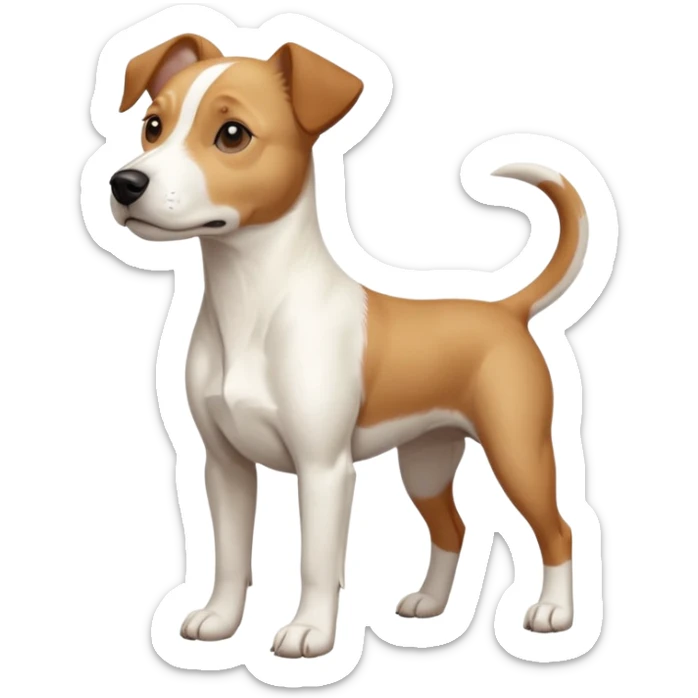a full body facing front on of a buff white beagle cross jack russell terrier looking dog the size of a kelpie with light brown long ears resting on its face and a light brown patch above one eye and a large snout. the rest of the dog is completely white.  sticker