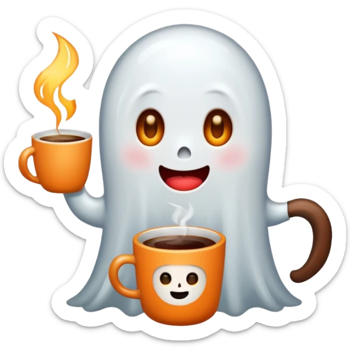 
a cute ghost holding a mug of hot coffee
 cartoon -style/cute and transparent for a sticker 
 sticker