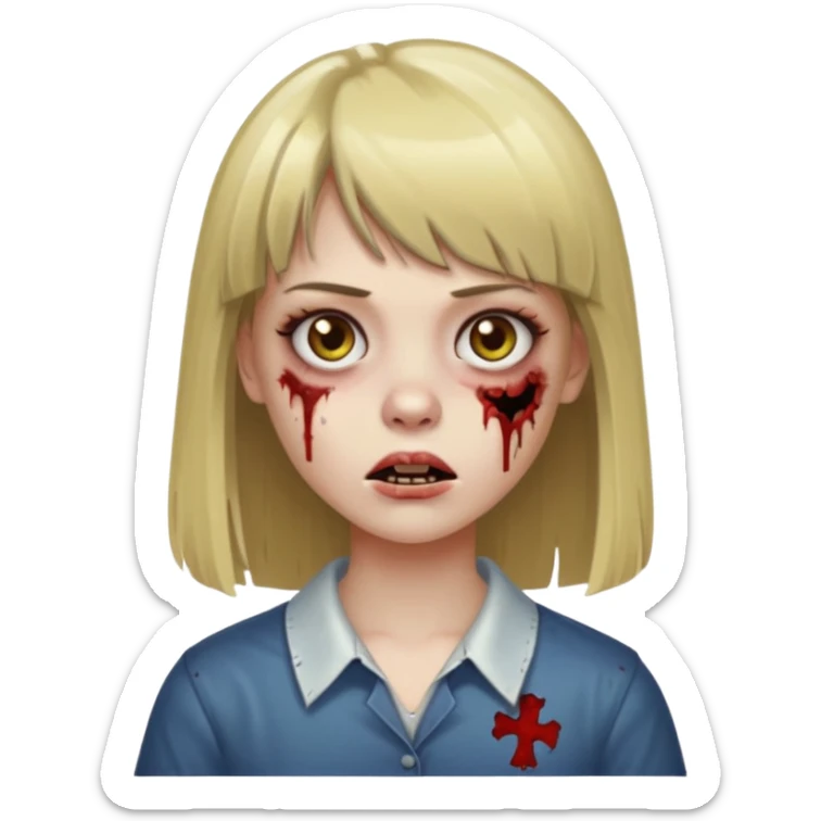 faça uma garota zumbi de cabelo liso marrom com mechas loiras liso grande com franja sticker