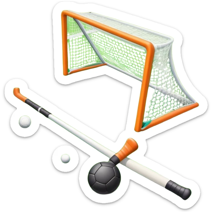field hockey stick and ball on vibrant green grass field with goalposts sticker